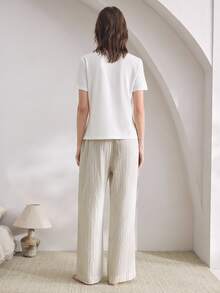 Ocili Cotton Comfortable T-Shirt & Soft Linen Pajama Pants Sleepwear Set For Women - White - View 3