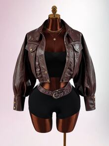 Amplova Jaket Pendek Leher Corong PU Fashion Musim Gugur Wanita - Coklat - View 17