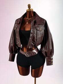 Amplova Jaket Pendek Leher Corong PU Fashion Musim Gugur Wanita - Coklat - View 3