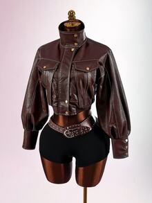 Amplova Jaket Pendek Leher Corong PU Fashion Musim Gugur Wanita - Coklat - View 2