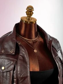 Amplova Jaket Pendek Leher Corong PU Fashion Musim Gugur Wanita - Coklat - View 5