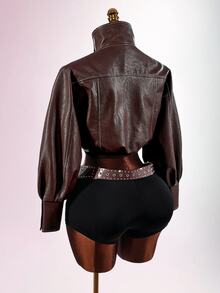 Amplova Jaket Pendek Leher Corong PU Fashion Musim Gugur Wanita - Coklat - View 12