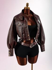 Amplova Jaket Pendek Leher Corong PU Fashion Musim Gugur Wanita - Coklat - View 4