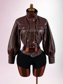 Amplova Jaket Pendek Leher Corong PU Fashion Musim Gugur Wanita - Coklat - View 9