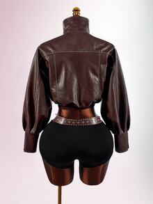 Amplova Jaket Pendek Leher Corong PU Fashion Musim Gugur Wanita - Coklat - View 11