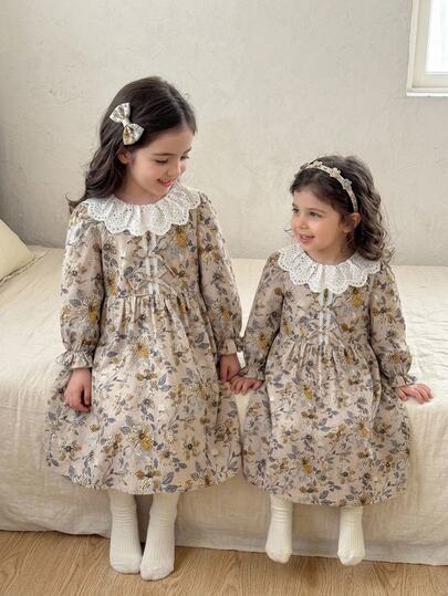Young Girl Young Girl Young Girl Young Girl Young Girl Young Girl Casual Vacation Autumn/Winter Patchwork Floral - Dress, Autumn Children's Dress