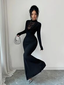 SHEIN Raffinéa فستان أسود مثير بطراز غوثي للخريف، بتصميم متباين من الدانتيل الشفاف، وياقة منسدلة، وخصر مكشكش، وذيل حورية البحر، مناسب للهالوين والسهرات الليلية والمواعيد الغرامية - الأسود - مشاهدة 3