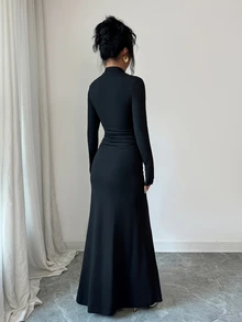 SHEIN Raffinéa فستان أسود مثير بطراز غوثي للخريف، بتصميم متباين من الدانتيل الشفاف، وياقة منسدلة، وخصر مكشكش، وذيل حورية البحر، مناسب للهالوين والسهرات الليلية والمواعيد الغرامية - الأسود - مشاهدة 5
