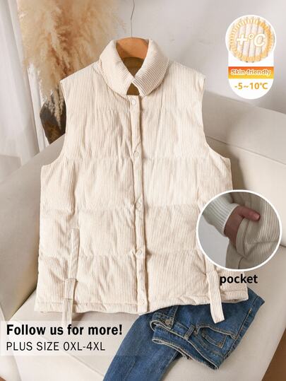 Lounesse Plus Size Women's Solid Color Casual Baggy Daily Autumn Travel Padded Vest Going Out Vacation Office Business Work Coat White