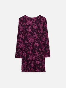 Nöista Dark Purple Flocked Floral Long-Sleeved Fitted Mini Dress. Sexy, Retro, Glamorous. Elegant, Fall Night Out Cocktail, Dinners, Festive Parties. Luxury - Purple - View 7