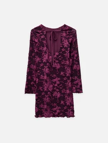 Nöista Dark Purple Flocked Floral Long-Sleeved Fitted Mini Dress. Sexy, Retro, Glamorous. Elegant, Fall Night Out Cocktail, Dinners, Festive Parties. Luxury - Purple - View 8