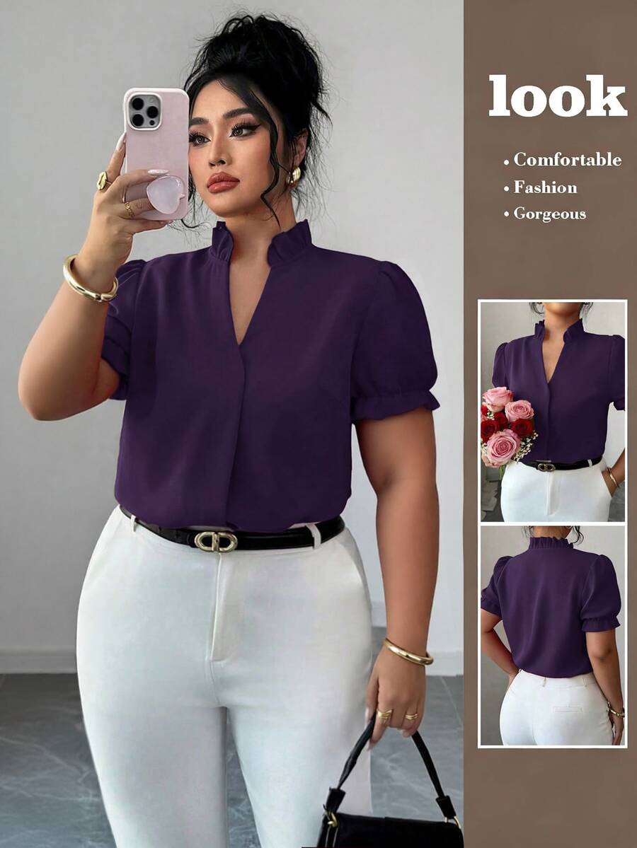 Elenzga Plus Size Elegant Commuter Solid Color Lapel Blouse - Purple - View 1