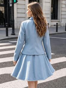 SHEIN Elladie kids Tween Girls Jacket Set, Light Blue, Jacket + Pants 2 Pieces Set, Loose Fit, Warm For Autumn/Winter, Fashionable And Versatile, Autumn, Casual, Autumn, Collar, Bow, Round Neck, Knitted Autumn/Winter, Thermal Lined And Thickened - Blue - View 9