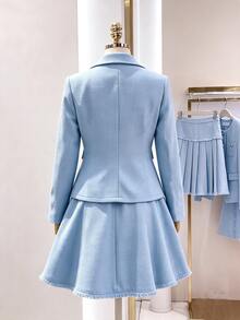 SHEIN Elladie kids Tween Girls Jacket Set, Light Blue, Jacket + Pants 2 Pieces Set, Loose Fit, Warm For Autumn/Winter, Fashionable And Versatile, Autumn, Casual, Autumn, Collar, Bow, Round Neck, Knitted Autumn/Winter, Thermal Lined And Thickened - Blue - View 3