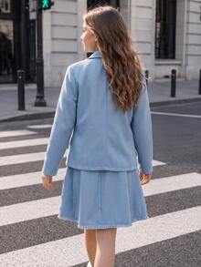 SHEIN Elladie kids Tween Girls Jacket Set, Light Blue, Jacket + Pants 2 Pieces Set, Loose Fit, Warm For Autumn/Winter, Fashionable And Versatile, Autumn, Casual, Autumn, Collar, Bow, Round Neck, Knitted Autumn/Winter, Thermal Lined And Thickened - Blue - View 6