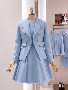 SHEIN Elladie kids Tween Girls Jacket Set, Light Blue, Jacket + Pants 2 Pieces Set, Loose Fit, Warm For Autumn/Winter, Fashionable And Versatile, Autumn, Casual, Autumn, Collar, Bow, Round Neck, Knitted Autumn/Winter, Thermal Lined And Thickened - Blue - View 7