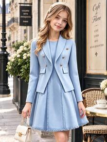 SHEIN Elladie kids Tween Girls Jacket Set, Light Blue, Jacket + Pants 2 Pieces Set, Loose Fit, Warm For Autumn/Winter, Fashionable And Versatile, Autumn, Casual, Autumn, Collar, Bow, Round Neck, Knitted Autumn/Winter, Thermal Lined And Thickened - Blue - View 5