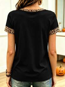 EMERY ROSE Halloween Leopard Print Pumpkin Bow Graphic Fashion Short Sleeve Plus Size T-Shirt - Multicolor - View 2