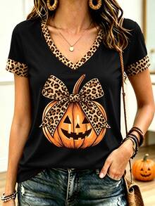 EMERY ROSE Halloween Leopard Print Pumpkin Bow Graphic Fashion Short Sleeve Plus Size T-Shirt - Multicolor - View 1