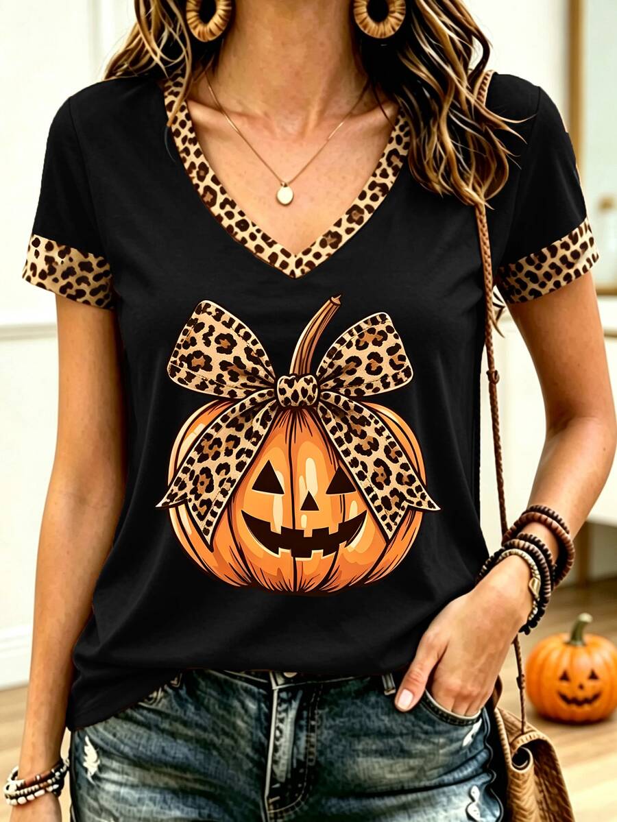 EMERY ROSE Halloween Leopard Print Pumpkin Bow Graphic Fashion Short Sleeve Plus Size T-Shirt - Multicolor - View 1