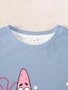 SpongeBob SquarePants | SHEIN 青少年女孩卡通印花短袖T恤與短褲休閒套裝 - 白色 - 查看 5
