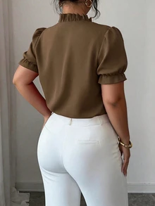 Elenzga Plus Size Premium Elegant Commuter Solid Color Lapel Shirt - Camel - View 2
