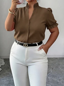 Elenzga Plus Size Premium Elegant Commuter Solid Color Lapel Shirt - Camel - View 4