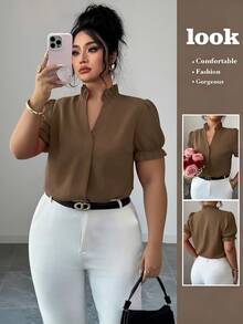 Elenzga Plus Size Premium Elegant Commuter Solid Color Lapel Shirt - Camel - View 1