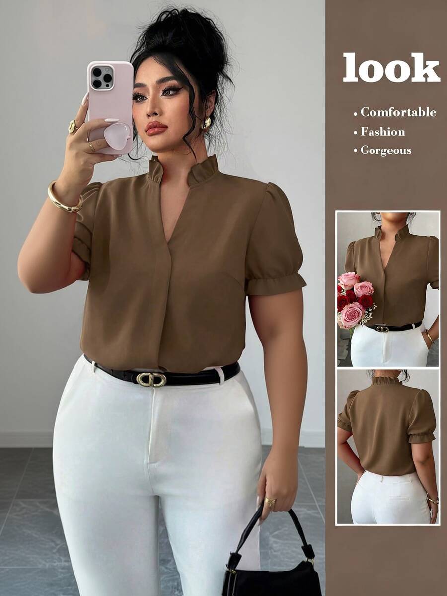 Elenzga Plus Size Premium Elegant Commuter Solid Color Lapel Shirt - Camel - View 1