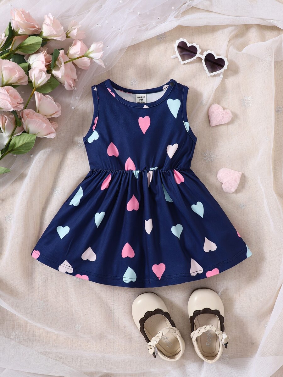 SHEIN Playful Pals Baby Girl Heart Print Dress - Navy Blue - View 1