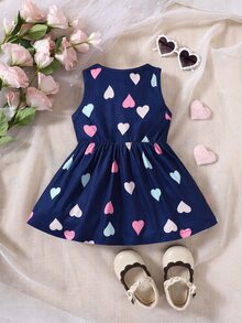 SHEIN Playful Pals Baby Girl Heart Print Dress - Navy Blue - View 2