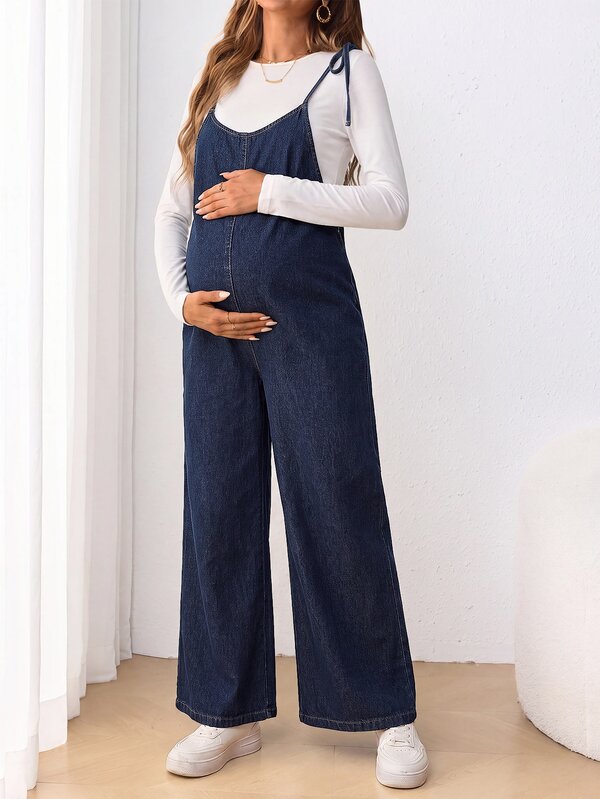 SHEIN Maternity Casual Washed Denim Jumpsuit Cowgirl Outfit For Women Country