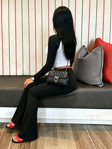 INAWLY Solva Women's V-Neck Raglan Long Sleeve Top And Solid Color Flare Pants Minimalist Slim Fit 2 Pieces Set - Black and White - View 6
