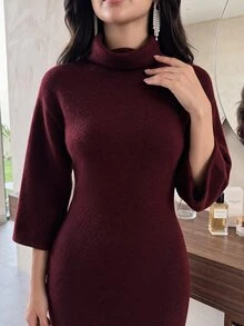 Heiryn فستان نسائي أنيق بلون موحد بياقة واقفة من الصوف المحبوك، مناسب للخريف/الشتاء، للذهاب إلى العمل، خريف - عنابي اللون - مشاهدة 3