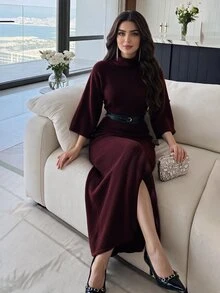 Heiryn فستان نسائي أنيق بلون موحد بياقة واقفة من الصوف المحبوك، مناسب للخريف/الشتاء، للذهاب إلى العمل، خريف - عنابي اللون - مشاهدة 2
