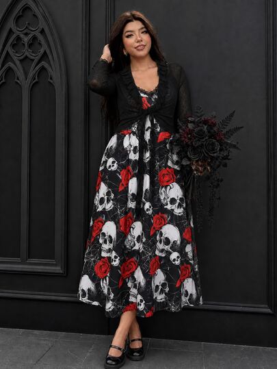 Vionelle Women's Plus Size Halloween Print Camisole Dress, Rose Classic Elements, Dark Gothic Elegant 2 Pieces Set Knit Bow Ruffle Cardigan Autumn Party Black