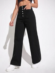 Rivivi Women's High Waist Button Washed Denim Jeans - Black - View 3
