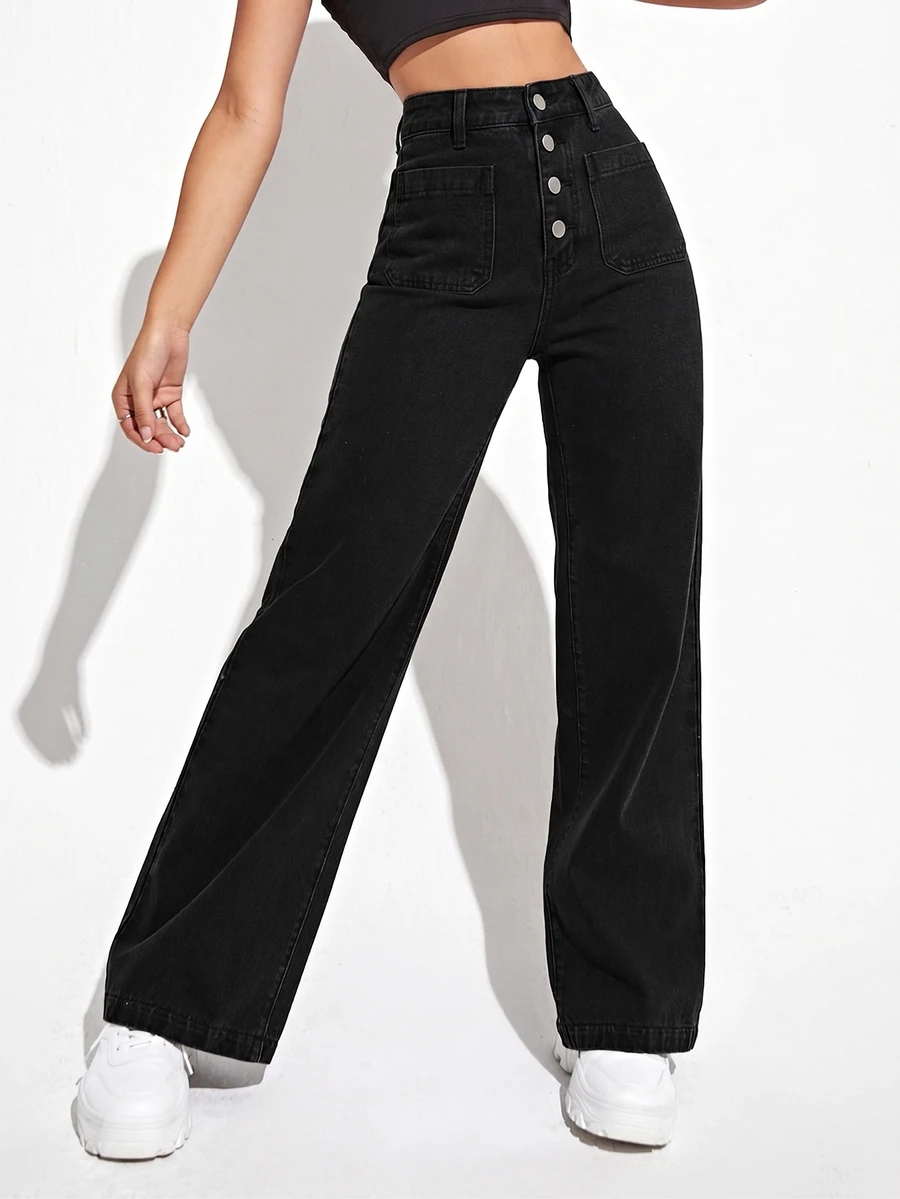 Rivivi Women's High Waist Button Washed Denim Jeans - Black - View 1