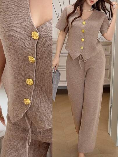 Feyla V-Neck Floral Gold Button Short Sleeve Knit Cardigan And High Waist Casual Pants 2 Pieces Set