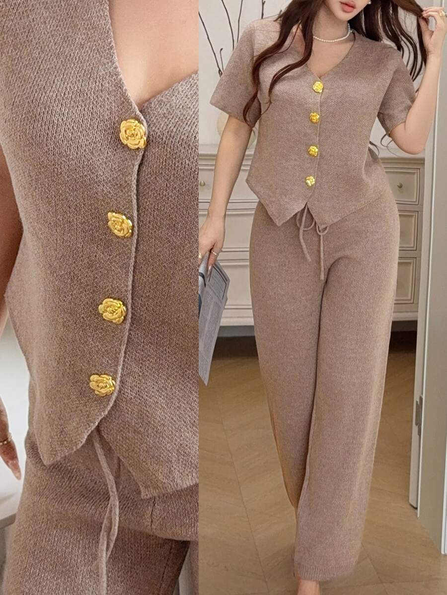 Feyla V-Neck Floral Gold Button Short Sleeve Knit Cardigan And High Waist Casual Pants 2 Pieces Set - Khaki - View 1