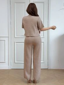 Feyla V-Neck Floral Gold Button Short Sleeve Knit Cardigan And High Waist Casual Pants 2 Pieces Set - Khaki - View 6