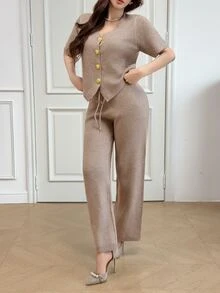 Feyla V-Neck Floral Gold Button Short Sleeve Knit Cardigan And High Waist Casual Pants 2 Pieces Set - Khaki - View 5