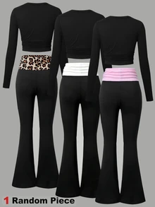 SHEIN Sparklyn Tween女孩休閒純色長袖圓領上衣與喇叭褲兩件套服裝 Teena - 黑色 - 查看 2