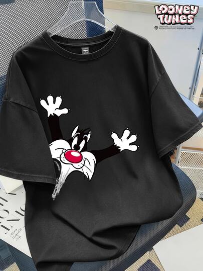 LOONEY TUNES X SHEIN Daypath Camiseta de manga corta con cuello redondo y estampado gráfico de dibujos animados para hombre