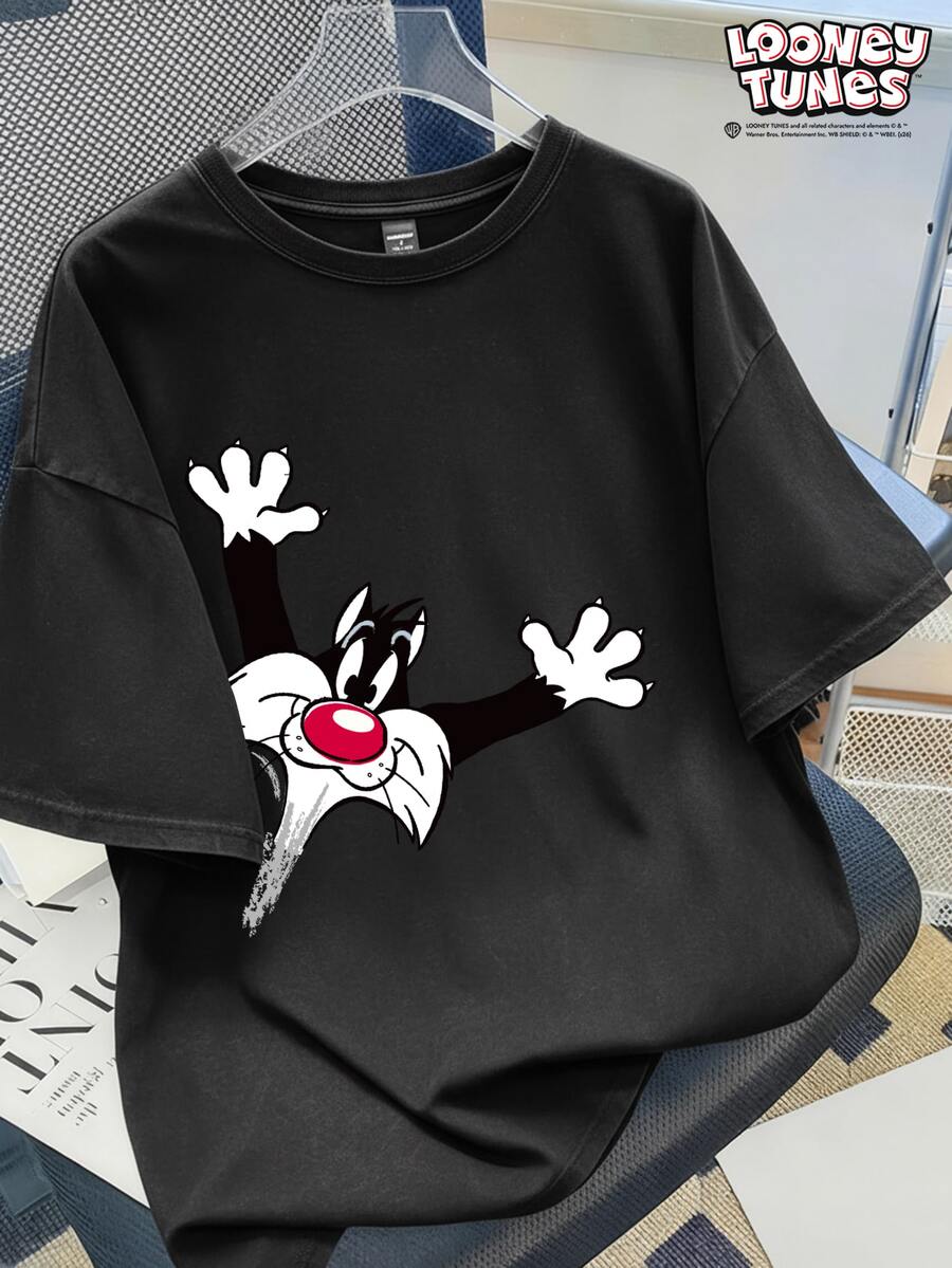 LOONEY TUNES X SHEIN Manfinity Joysei 男士時尚卡通圖案印花圓領短袖T恤 - 黑色 - 查看 1