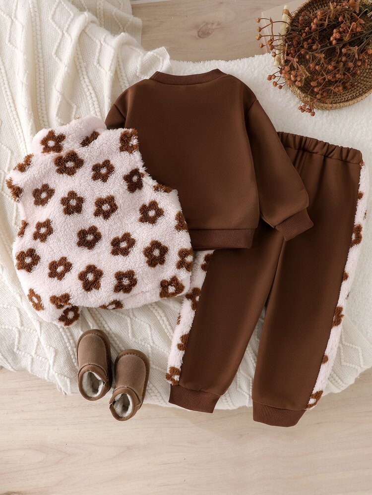 Conjunto de 3 piezas para niñas, chaleco con cremallera de felpa floral + sudadera de manga larga con aplique floral + pantalones con puños de bloques de color, atuendo casual de otoño/invierno para niños, ropa linda de uso diario para niñas pequeñas - Marrón - Añade 2