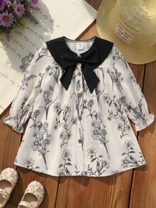 SHEIN 女嬰編織花卉對比色彼得潘領休閒秋季洋裝，含保暖內裡與刷毛背層，適合冬季穿著 - 黑與白 - 查看 6