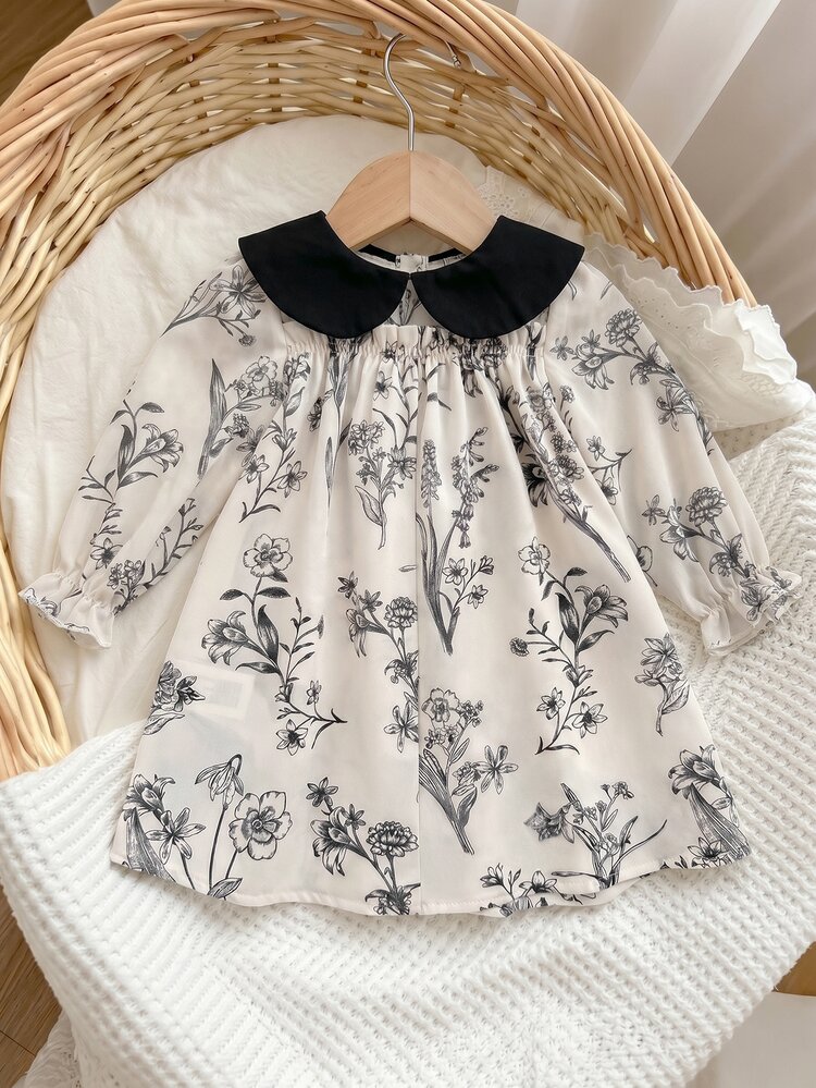 SHEIN Baby Girl Woven Floral Contrast Color Peter Pan Collar Casual Autumn Dress With Thermal Lining And Brushed Back, Suitable For Winter - Black and White - View 2