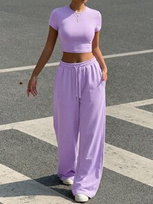 SHEIN EZwear 女士紫色圆领短袖上衣和裤子两件套，简约风格 - 紫色 - 查看 5