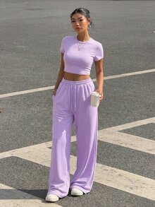 SHEIN EZwear 女士紫色圆领短袖上衣和裤子两件套，简约风格 - 紫色 - 查看 4